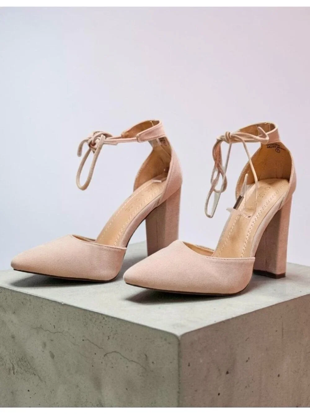 Ankle Strap Block Heel Suede Pumps In Nude Beige For Women